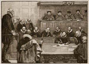 Sir Walter Raleigh vor den Richtern, Illustration aus Cassells Illustrierter Geschichte Englands von English School