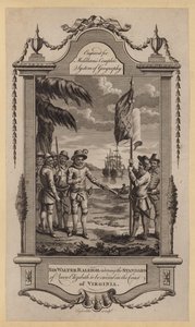 Sir Walter Raleigh befiehlt, das Banner von Königin Elizabeth an der Küste von Virginia zu errichten (Stich) von English School