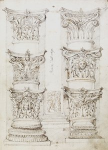 Sechs Kapitelle, eine Lesene und zwei Säulenbasen, Folio 1, Der Meister des Oxford Albums, ca. 1512-17 von English School