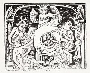 Sechstes: Lazarus beschreibt, was er in der Hölle gesehen hat - ein Tal mit einem stechenden Fluss, der mit Blasen überläuft, wo die Gefräßigen Kröten und andere giftige Kreaturen fressen von English School