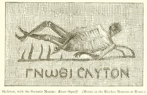 Skelett mit dem sokratischen Spruch: Erkenne dich selbst (Mosaik im Kircher Museum in Rom) von English School