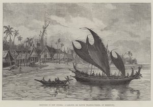 Skizzen in Neuguinea, ein Lakatoi oder einheimisches Handelsschiff von Kerepunu (Gravur) von English School