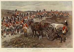 Skizzen der britischen Armee, die Argyll und Sutherland Highlanders auf dem Marsch an einem Feldtag von English School