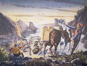 Schmuggler beladen ihre Ponys mit Schmuggelware für die Reise ins Landesinnere (Lithografie) von English School