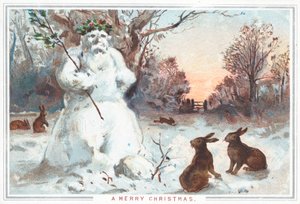 Schneemann und Hasen, Weihnachtskarte