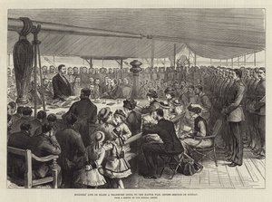 Soldatenleben an Bord eines Transportschiffs zum Kaffernkrieg, Gottesdienst am Sonntag (Gravur) von English School