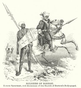 Soldaten von Bornou, Kanem-Speerträger und Reiter der Leibgarde des Scheichs von Bornou von English School