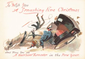 Schnelles Pferd und Kutsche kippen um, Weihnachtskarte