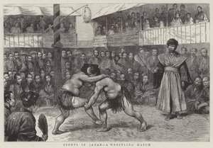 Sport in Japan, ein Wrestling-Match (Gravur) von English School