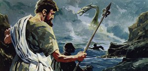 St. Columba kam zum Loch Ness und sah einen Mann, der von einem großen Wasserungeheuer verletzt worden war