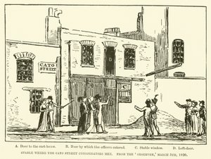Stall, in dem sich die Cato Street Verschwörer trafen, aus dem Observer, 5. März 1820 (Gravur) von English School