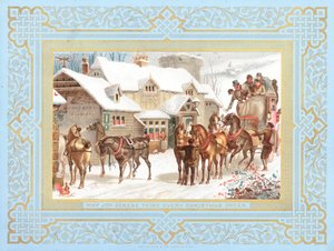Postkutsche und Pferde vor Gasthaus, Weihnachtskarte von English School
