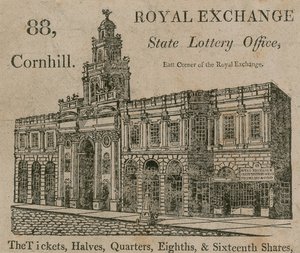 Staatslotteriebüro, östliche Ecke der Royal Exchange, 88 Cornhill, London