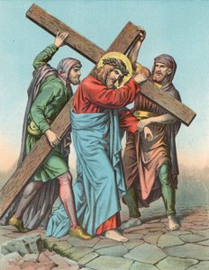 Station V Christus wird von Simon von Cyrene beim Tragen des Kreuzes unterstützt