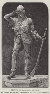 Statue von Robinson Crusoe in Largo, Fife, Geburtsort von Alexander Selkirk (Stich) von English School