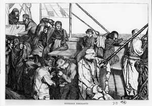 Zwischendeck-Auswanderer auf dem Deck eines Passagierschiffs von Europa in die Neue Welt, um 1870