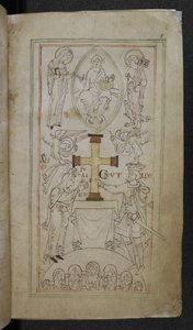 König Cnut und seine Königin Aelfgyfu präsentieren ein Kreuz auf dem Altar des Neuen Münsters, 