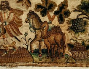 Stumpwork darstellend eine biblische Szene, ca. 1650 (Detail)