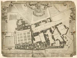 Vermessung und Grundriss des Königlichen Palastes von Whitehall, 1680, mit den Unterkünften und Wohnungen ihrer Majestäten von English School