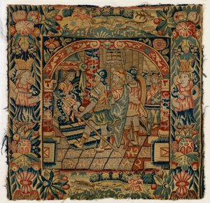 Wandteppichkissenbezug, der die Ältesten vor Daniel darstellt, hergestellt in Sheldon, England, nach 1600 von English School