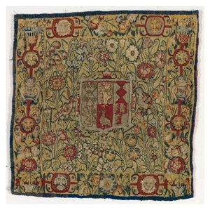 Wandteppich-Kissenbezug mit dem Wappen von Sacheverell, hergestellt in Sheldon, England, nach 1600 von English School