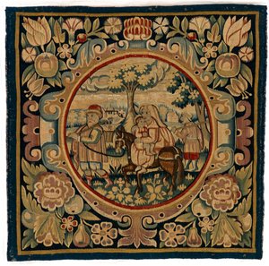 Wandteppich-Kissenbezug mit der Flucht nach Ägypten, möglicherweise hergestellt in Sheldon, England, frühes 17. Jahrhundert von English School