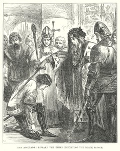 Der Ritterschlag: Eduard der Dritte schlägt den Schwarzen Prinzen zum Ritter (Gravur) von English School
