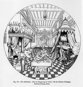 Der Alchemist, nach einem Stich von Vriese, Illustration aus Wissenschaft und Literatur im Mittelalter und der Renaissance, geschrieben und graviert von Paul Lacroix, 1878 von English School