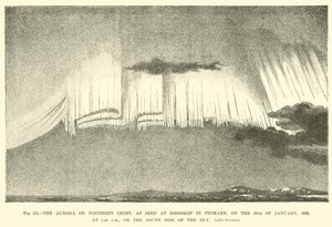 Das Nordlicht, wie es am 19. Januar 1839 um 19:40 Uhr auf der Südseite des Himmels in Bossokop in Finmark zu sehen war von English School