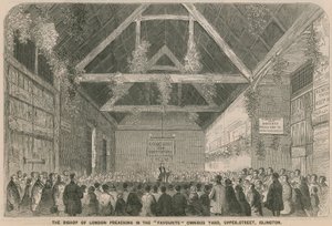 Der Bischof von London predigt im beliebten Omnibushof, Upper Street, Islington von English School