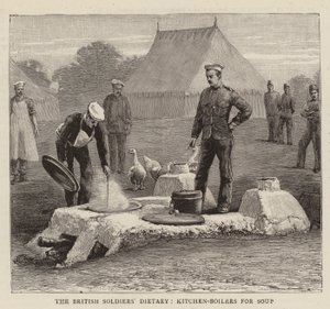 Die Ernährung der britischen Soldaten, Küchenboiler für Suppe (Gravur) von English School