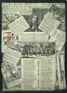Das Medley des Blasenmachers oder eine Skizze der Zeiten, Europas Denkmal für das Jahr 1720, satirische Gravur von English School
