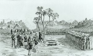 Das Begräbnis von General Earle und den Obersten Eyre und Coveney in Kirbekan, aus The Campaign of the Cataracts von General William Francis Butler, veröffentlicht 1887 von English School
