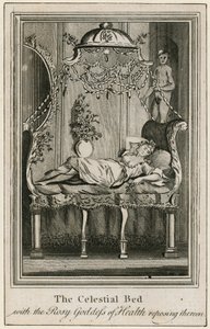 Das himmlische Bett mit der rosigen Göttin der Gesundheit darauf ruhend von English School