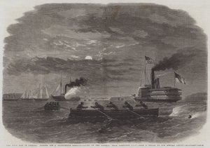 Der Bürgerkrieg in Amerika, Abschneiden einer konföderierten Depesche-Galerie am Potomac in der Nähe von Freestone Point (Stich) von English School