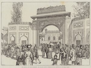 Die Kolonial- und Indien-Ausstellung, das Gwalior-Tor, Eingang zum Innenhof des indischen Palastes (Gravur) von English School