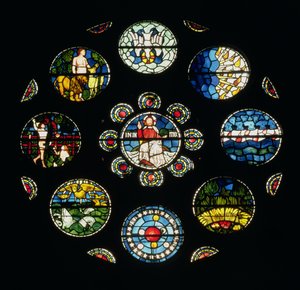 Das Schöpfungsfenster, entworfen von Philip Webb, William Morris und Edward Burne-Jones, 1861 von English School