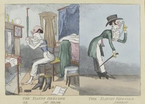Der Dandy beim Ankleiden oder Zuhause, Der Dandy im Ausland, veröffentlicht ca. 1820 von English School