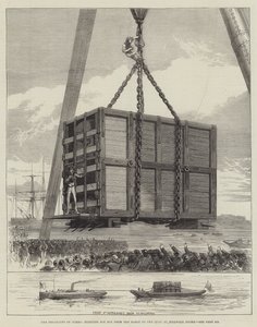 Die Abreise von Jumbo, das Heben seiner Kiste vom Lastkahn zum Kai an den Millwall Docks von English School