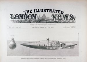 Das Verdrängungstauchen und Aufsteigen des U-Boots Nautilus, betrieben mit elektrischer Energie, aus The Illustrated London News, 26. Februar 1887