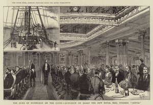 Der Herzog von Edinburgh auf dem Clyde, Mittagessen an Bord des neuen königlichen Postdampfers "Servia" von English School