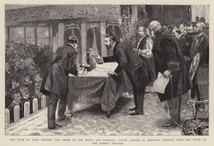 Der Herzog von York öffnet die Türen des Royal Eye Hospital, South London, durch elektrischen Strom von der Bühne des Surrey Theatre von English School