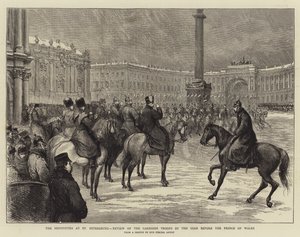 Die Festlichkeiten in St. Petersburg, Überprüfung der Garnisonstruppen durch den Zaren vor dem Prinzen von Wales (Stich) von English School