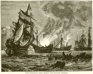 Das Brandschiff unter den spanischen Schiffen