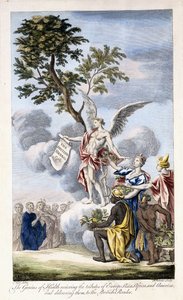 Der Genius der Gesundheit empfängt Europa, Asien, Afrika und Amerika und übergibt sie dem britischen Leser, 1756-1757 von English School