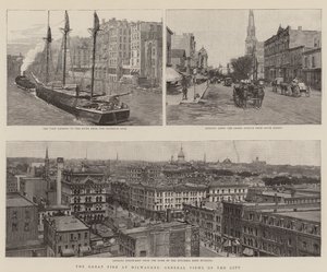Das große Feuer in Milwaukee, Gesamtansichten der Stadt (Gravur) von English School