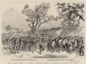 Die große Hitze, ein früher Morgenmarsch britischer Truppen in Indien (Gravur) von English School