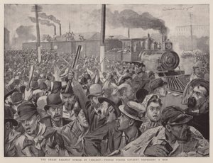 Der große Eisenbahnstreik in Chicago, US-Kavallerie zerstreut einen Mob von English School