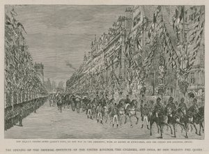 Das Imperial Institute: Ihre Majestät passiert das Queens Gate auf dem Weg zur Eröffnungszeremonie, begleitet von einer Eskorte aus Lifeguards und indischen und kolonialen Truppen