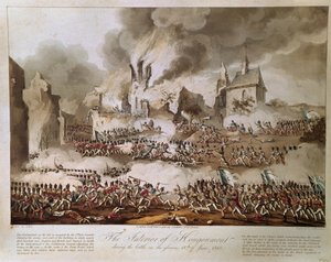 Das Innere von Hougoumont während der Schlacht am glorreichen 18. Juni 1815, graviert von T. Sutherland, veröffentlicht 1816 (Aquatinta)